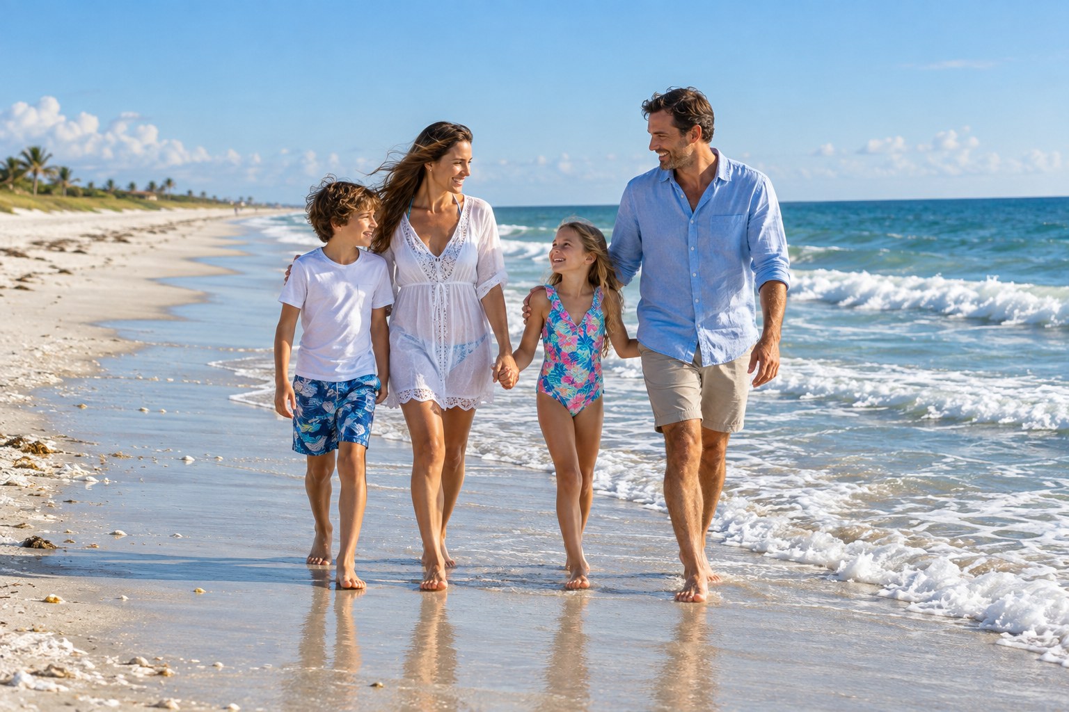 AI illustration of a family walking beside the Atlantic surf