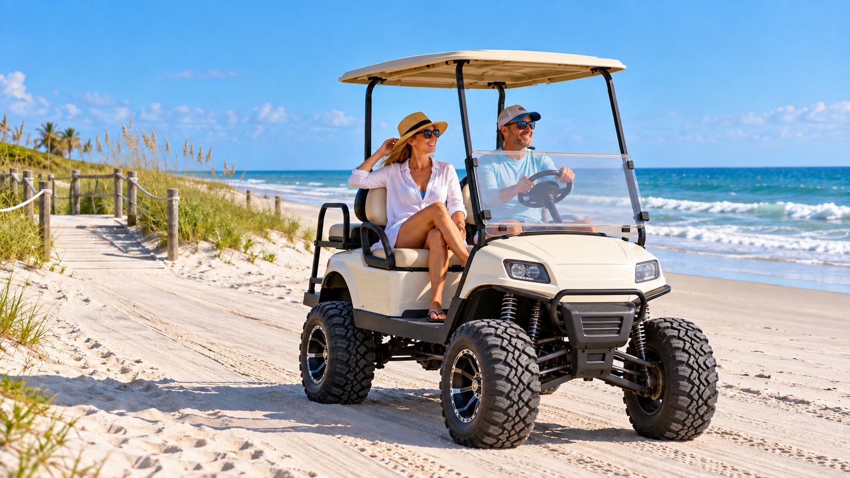AI illustration of adults riding a golf cart beside the Florida shoreline