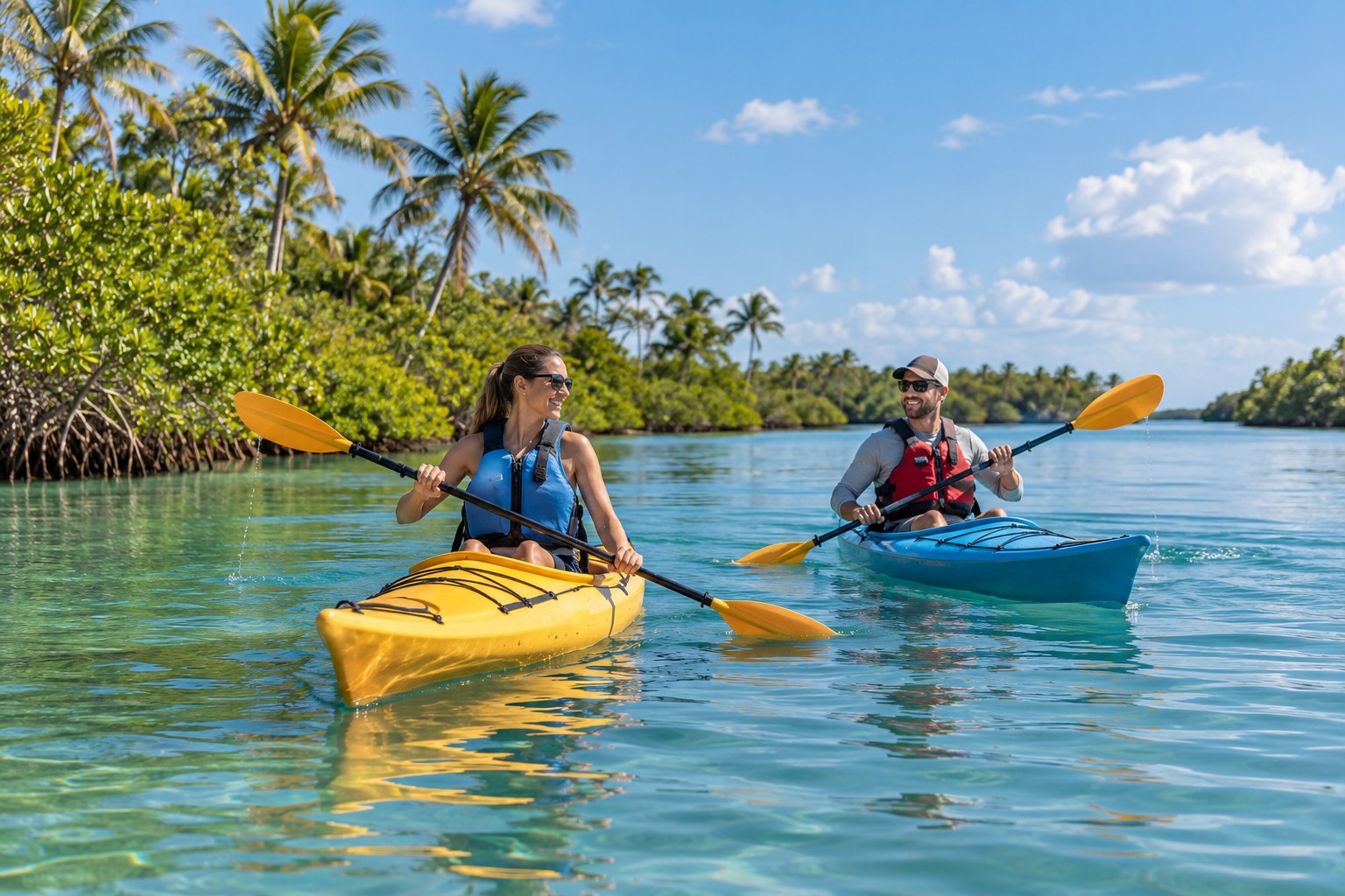 AI illustration of adults kayaking on a Florida lagoon