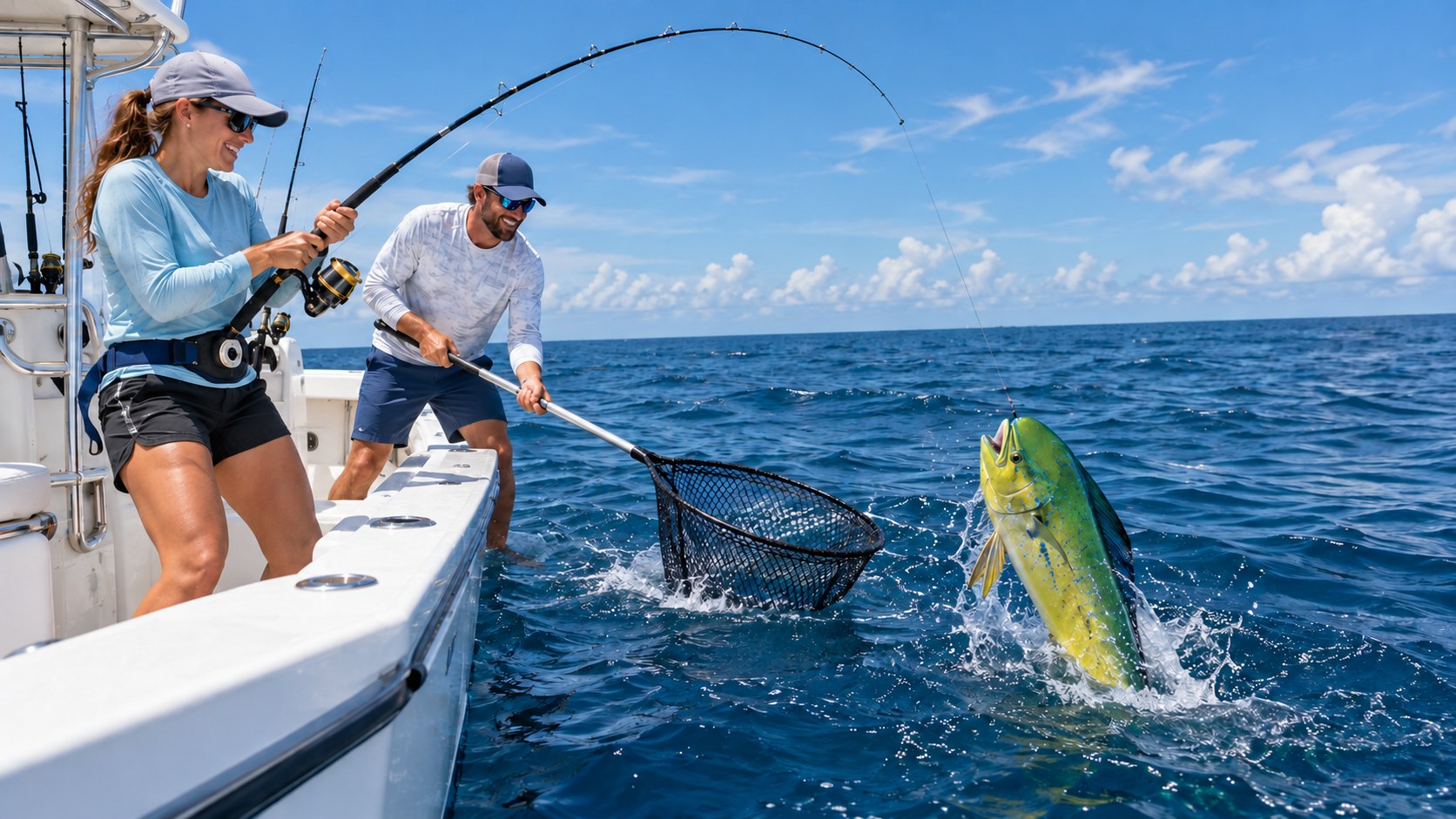 AI illustration of anglers catching a mahi-mahi beside an offshore fishing boat