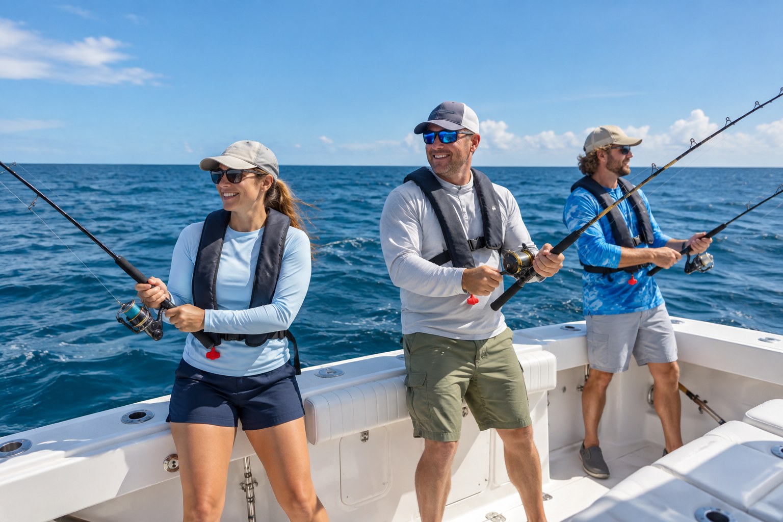 AI illustration of adults fishing offshore from a charter boat