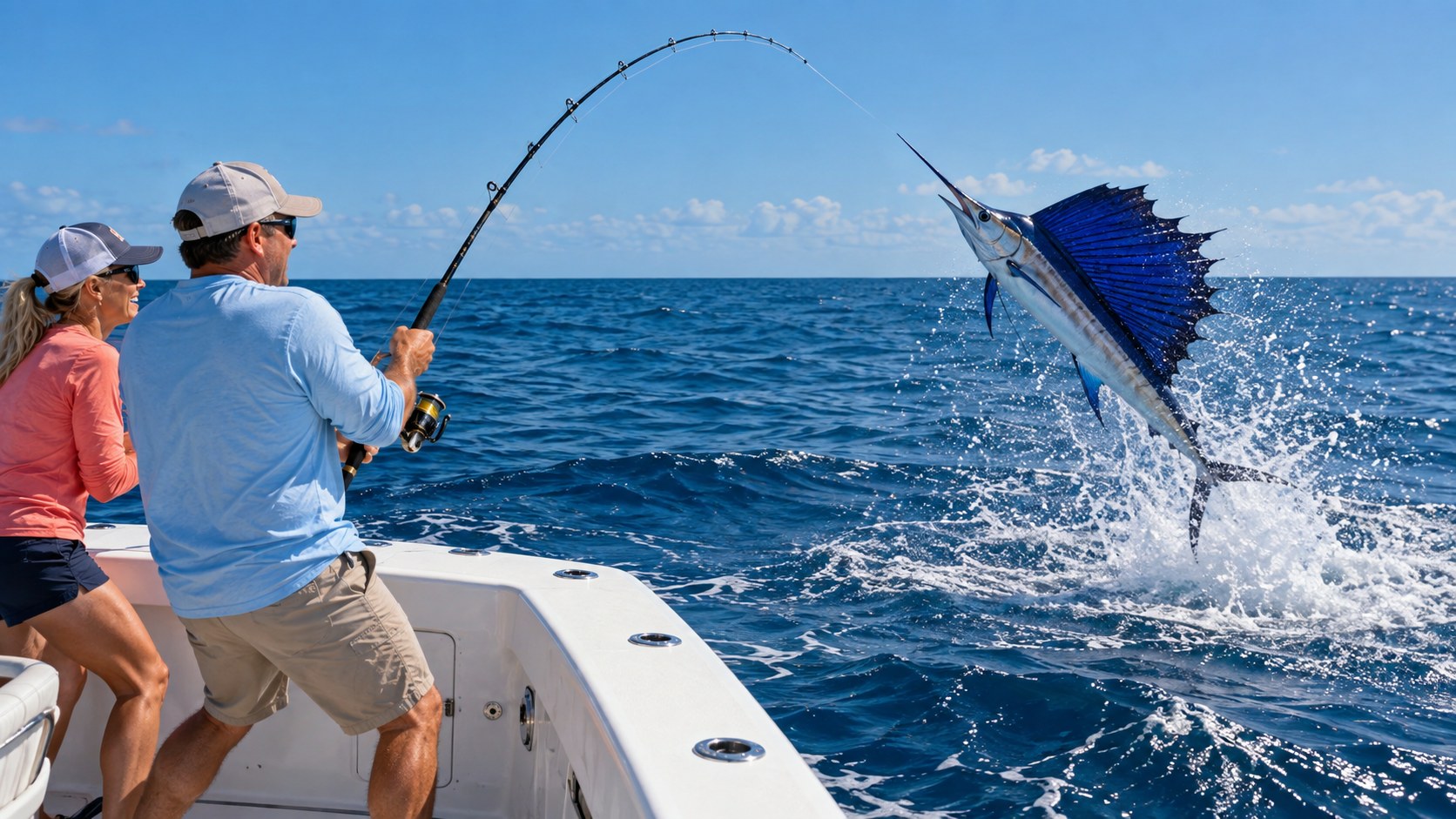 AI illustration of an offshore angler with a sailfish jumping beside the boat