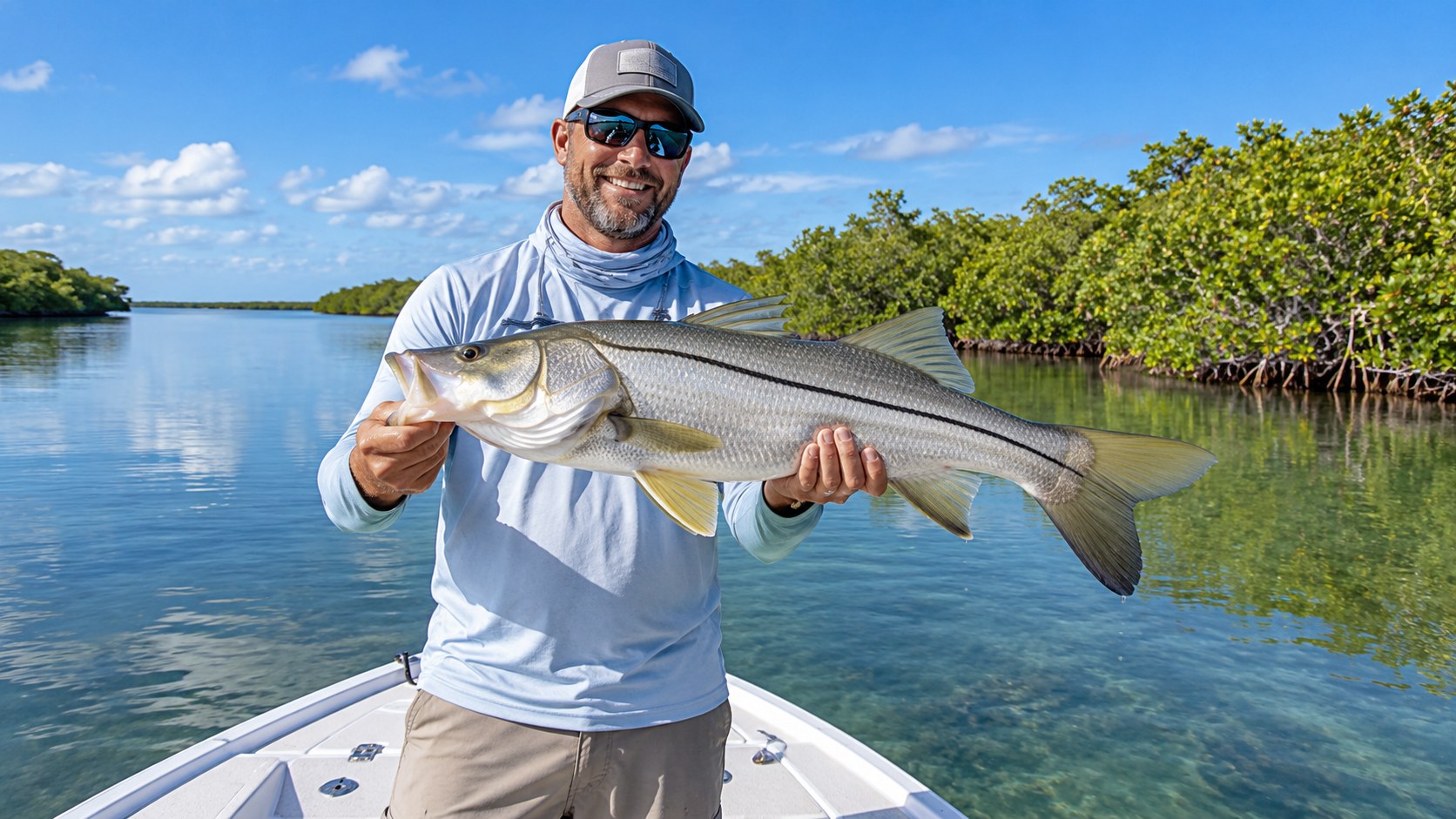 AI illustration of an angler holding a snook aboard an inshore fishing boat