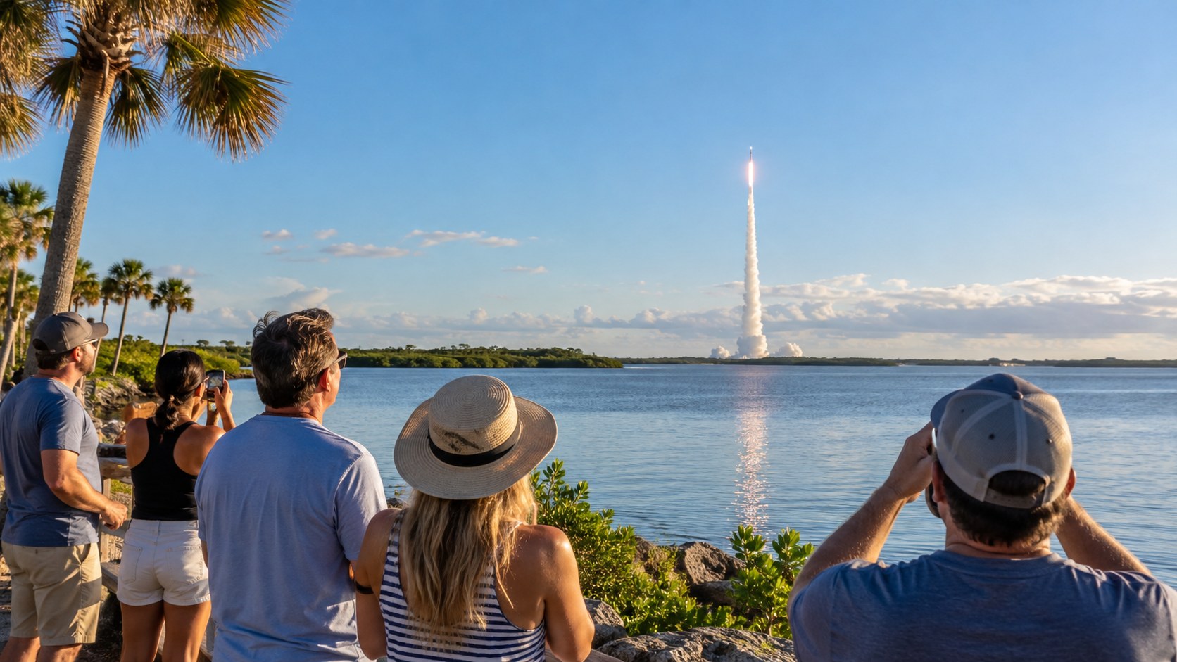 AI illustration of people watching a distant rocket launch from a Space Coast waterfront viewing area